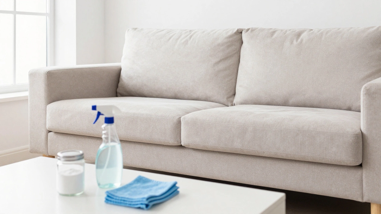 Clean sofa with baking soda and cleaning supplies