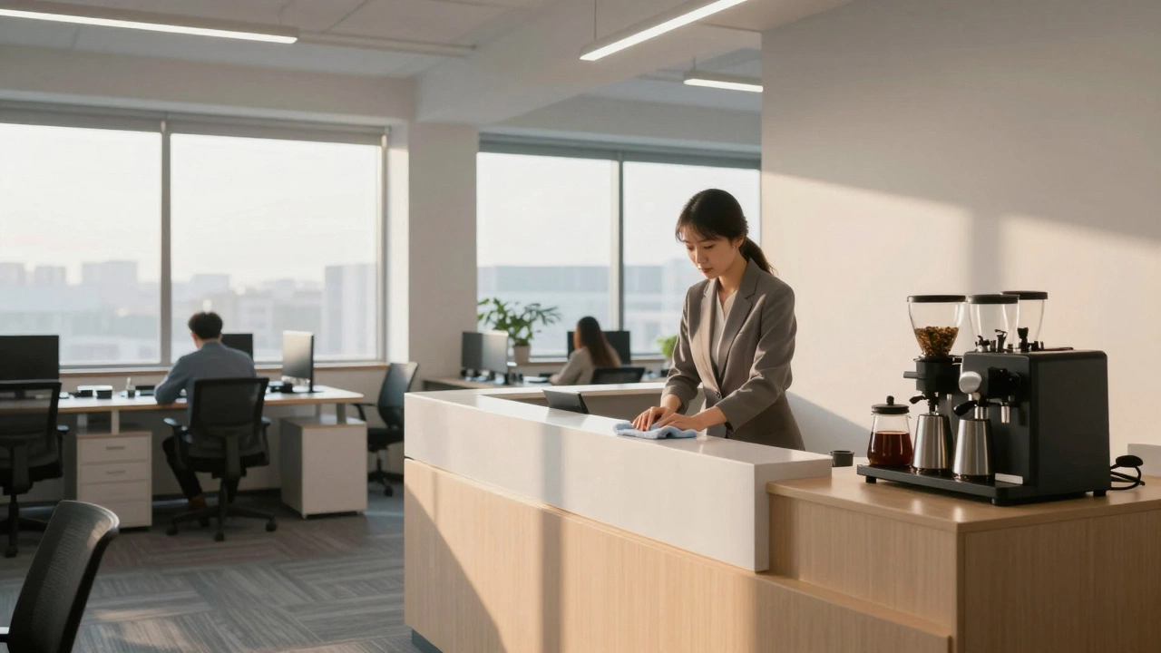 Cleaner tidying reception area in quiet modern office morning