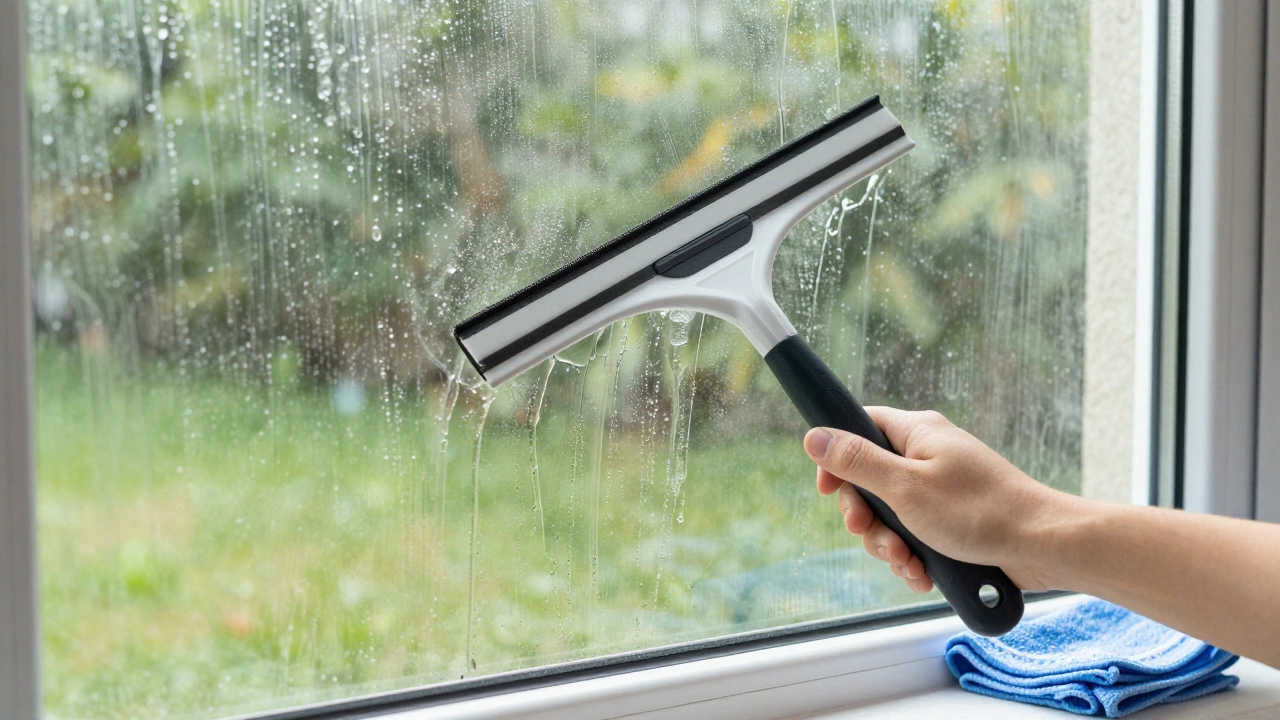 Close-up of a squeegee wiping water off a window, revealing a clear view.