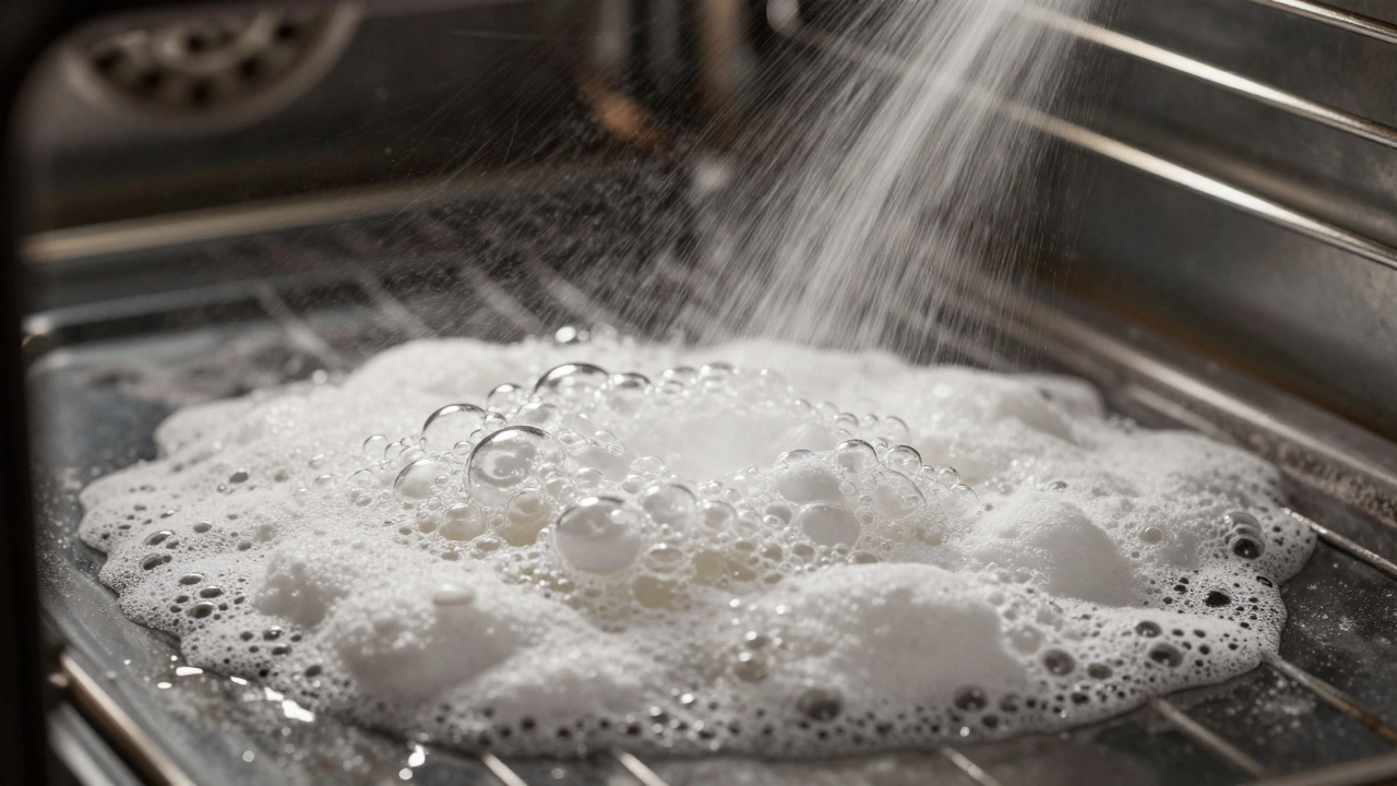 Close-up of baking soda and vinegar fizzing inside an oven