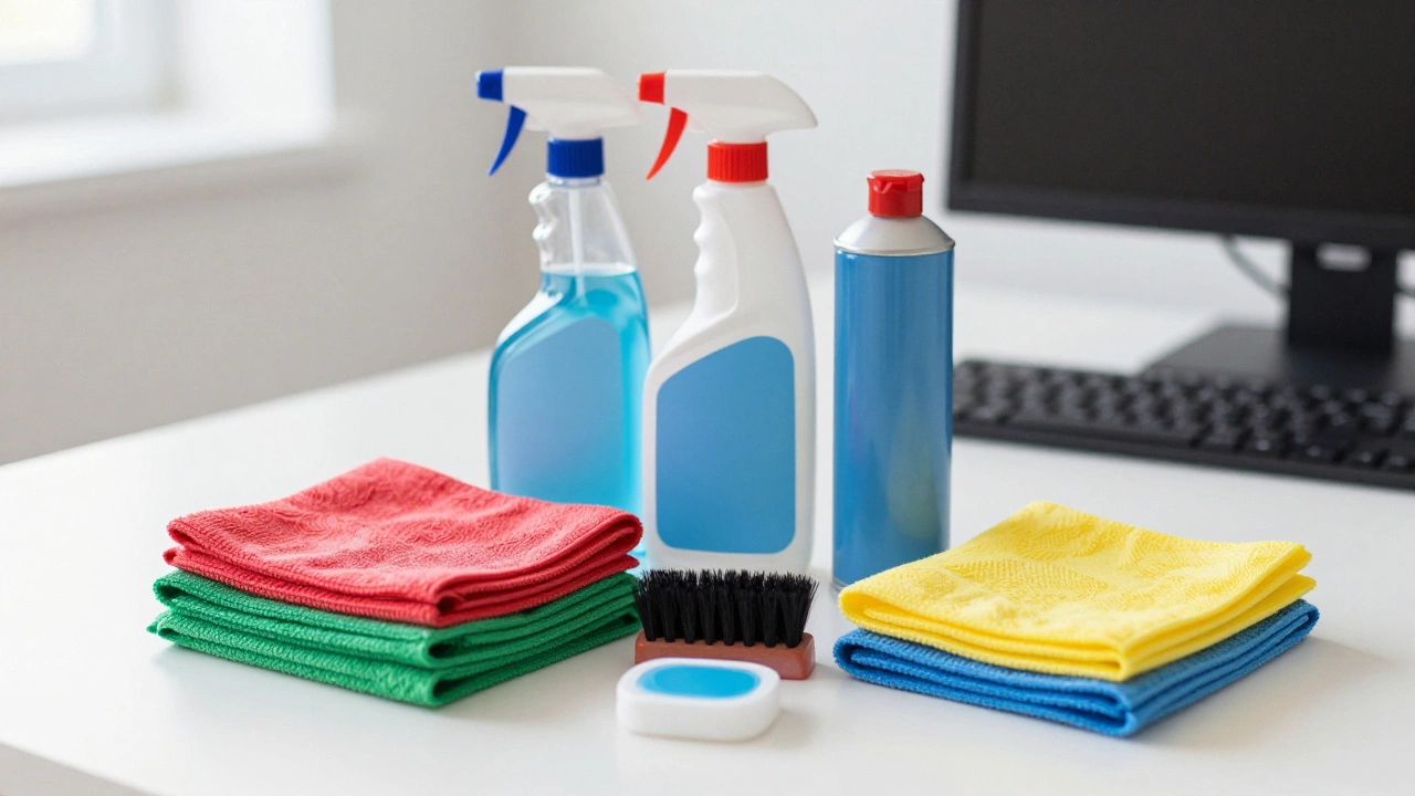Color-coded microfiber cloths and cleaning supplies