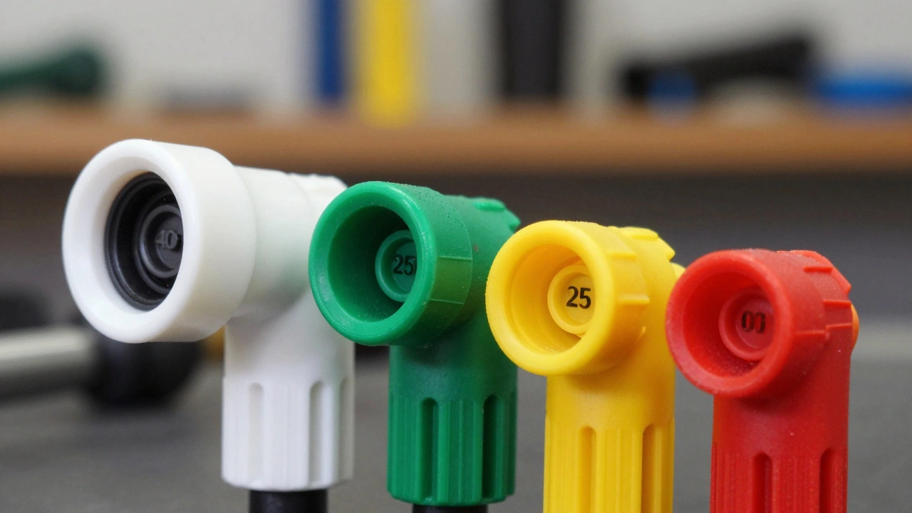 Color-coded pressure washer nozzles arranged in a row on a workbench