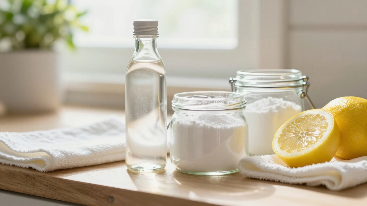 Eco-friendly cleaning supplies like vinegar and baking soda