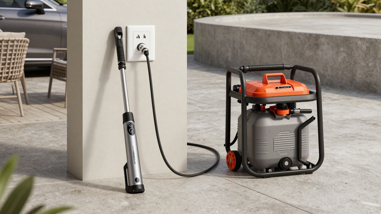 Electric vs gas pressure washers shown in residential and industrial settings