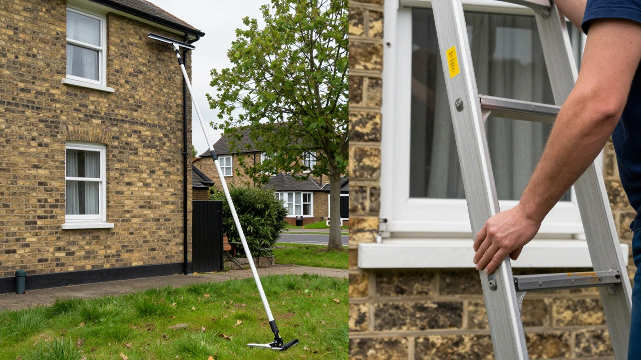 Extension pole for window cleaning standing on grass near a two-story brick house.