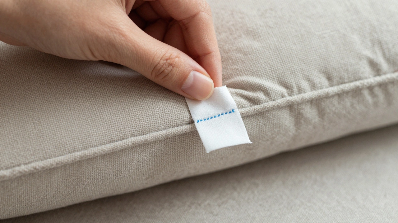 Hand revealing fabric care label under sofa cushion