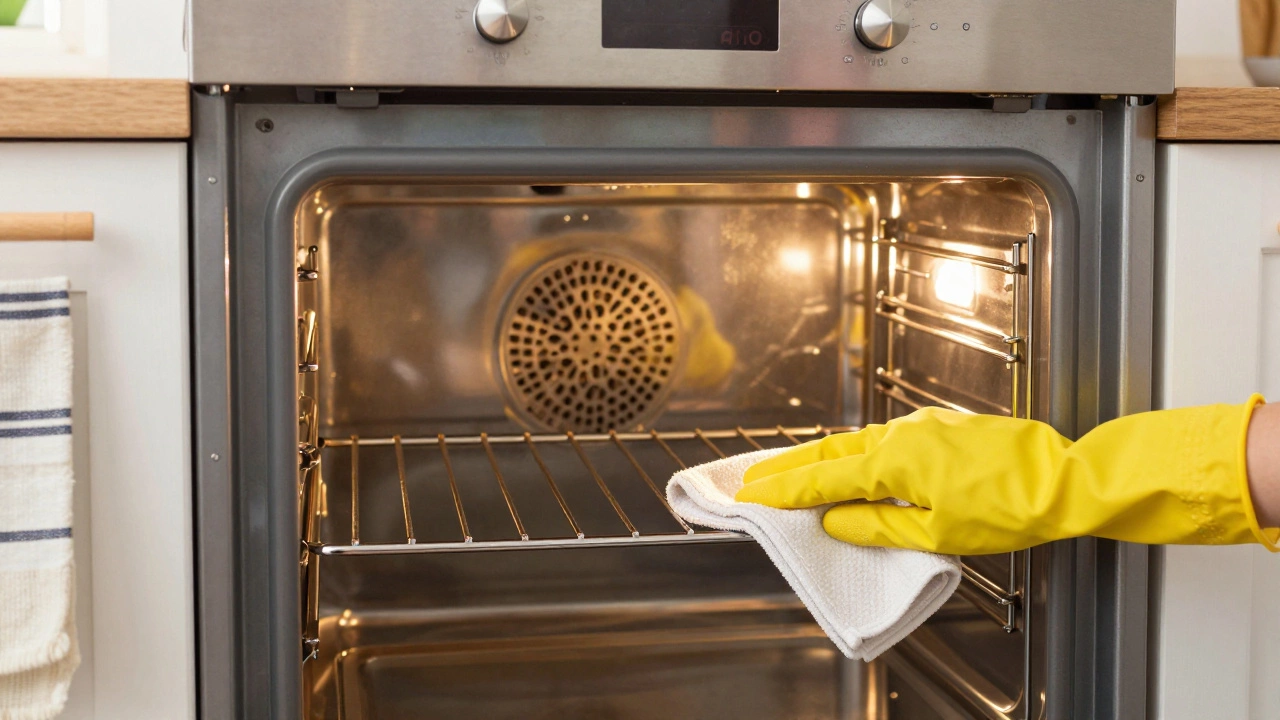 Hand wiping a sparkling clean oven interior with a microfiber cloth