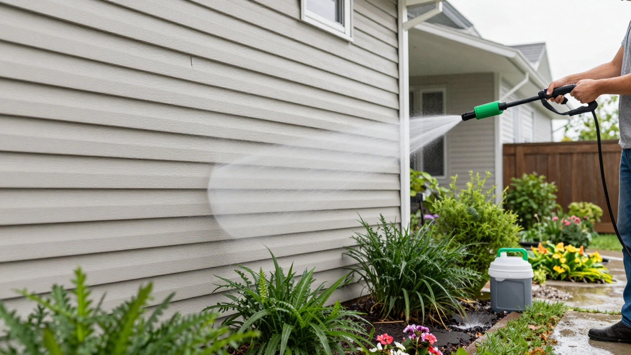 Homeowner rinsing house siding with a pressure washer