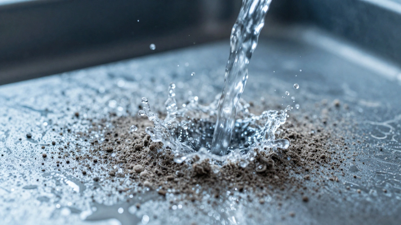 Macro view of water force removing dust from a surface