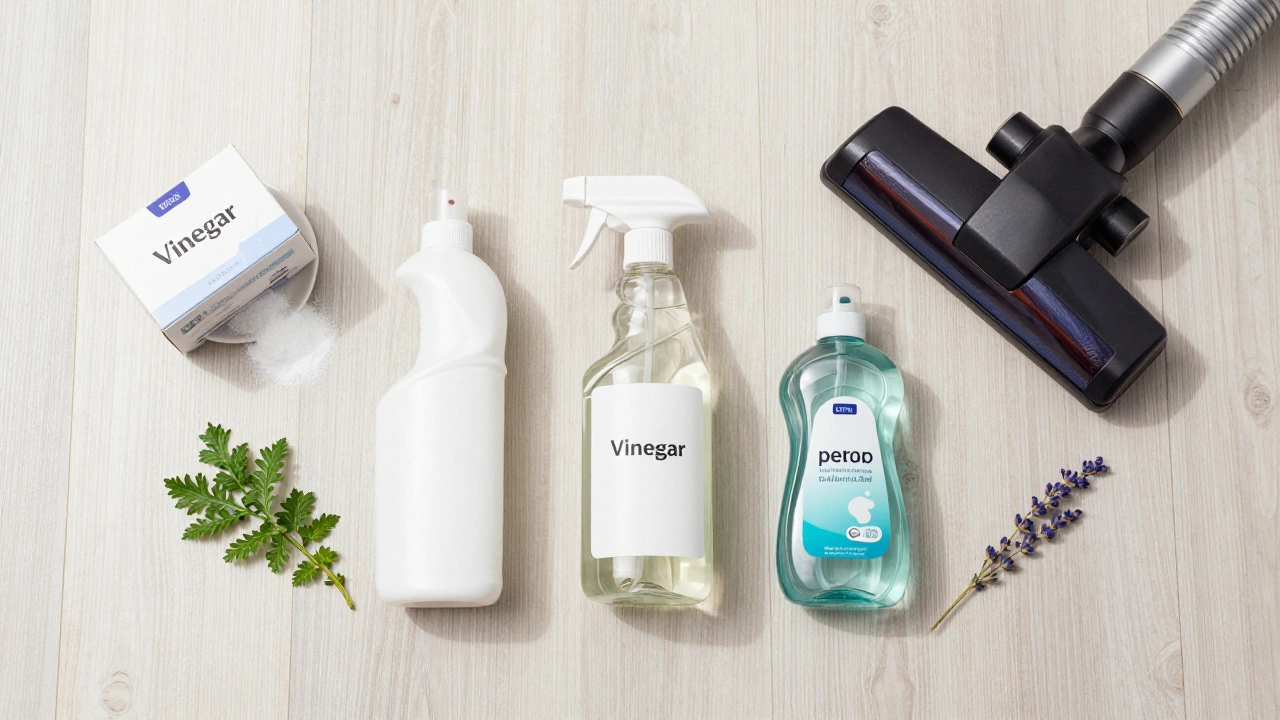 Organized collection of baking soda, vinegar, and cleaning tools for mattress care