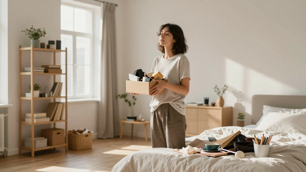 Person decluttering a sunny, organized bedroom peacefully