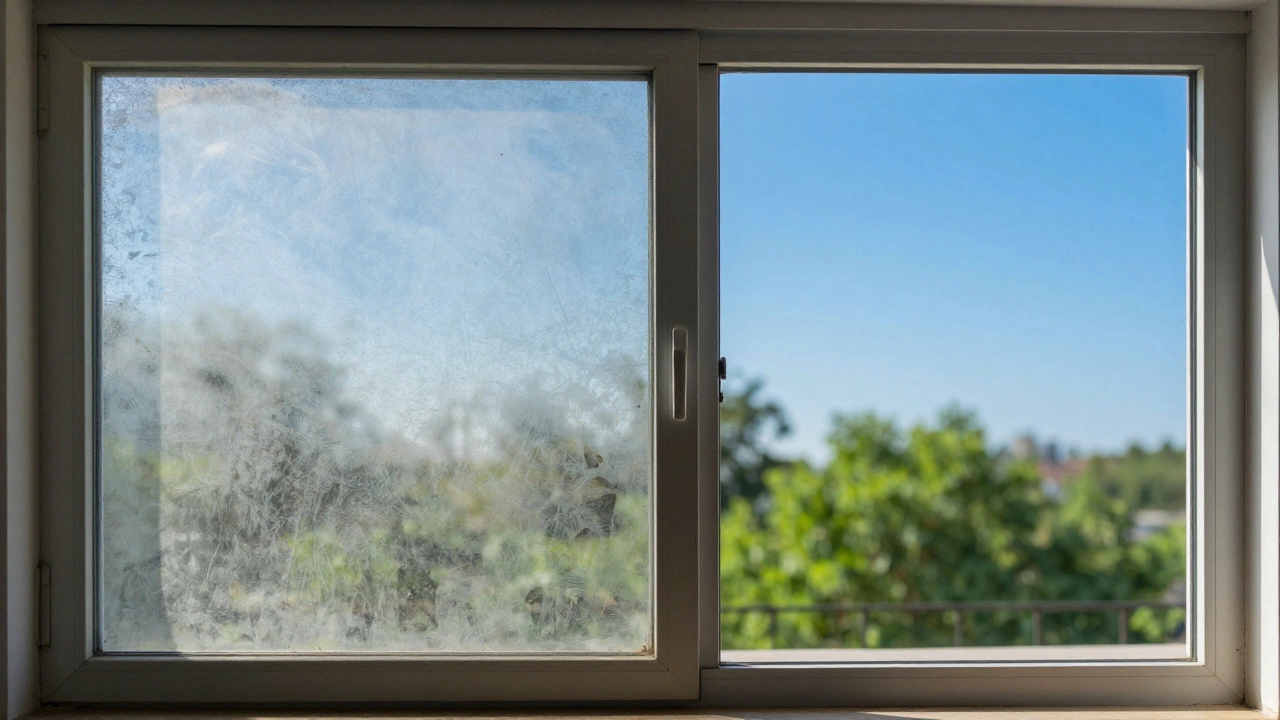Split view comparing a cloudy etched window to a clear restored one