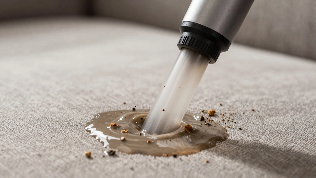 Vacuum nozzle sucking up brown dirty water and debris from upholstery