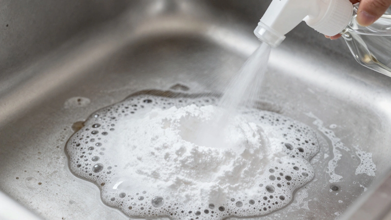 Vinegar and baking soda fizzing to remove grease from a sink