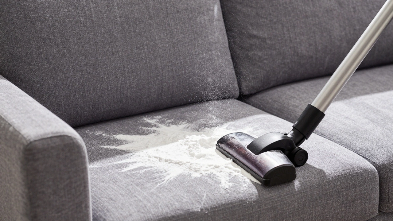 Baking soda sprinkled on a grey couch with a vacuum cleaner nearby