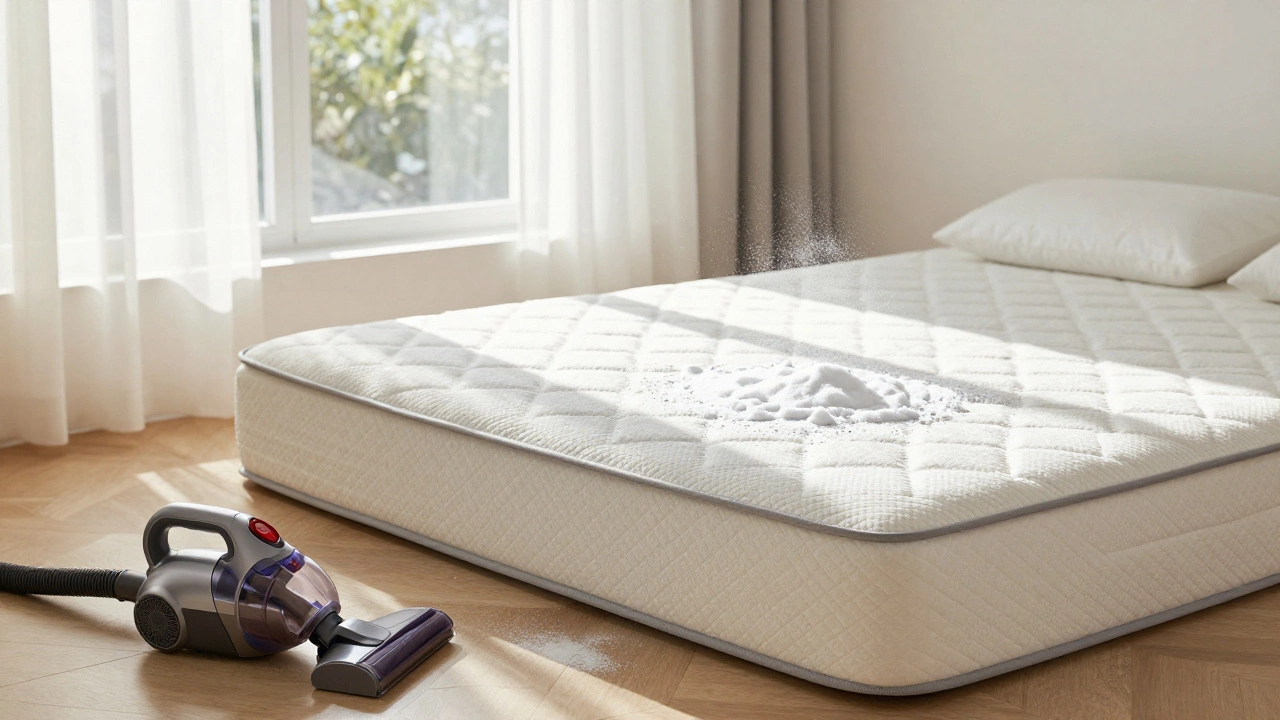 Clean mattress drying in sunlight with baking soda sprinkled on top