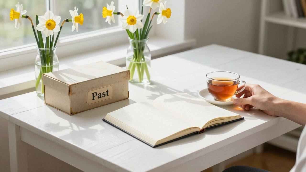 Clean table with spring flowers, replacing an old box with a fresh journal
