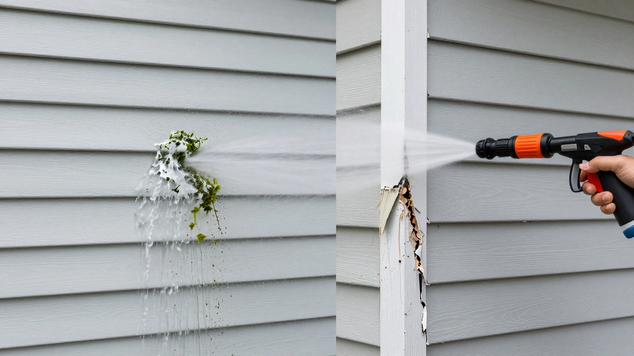 Comparison of safe low-pressure rinsing versus damaging high-pressure washing on siding.
