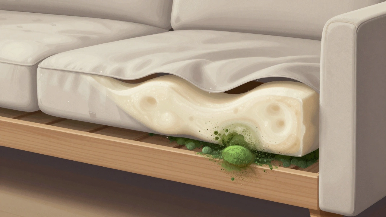 Cross-section of sofa showing mold growth inside cushions