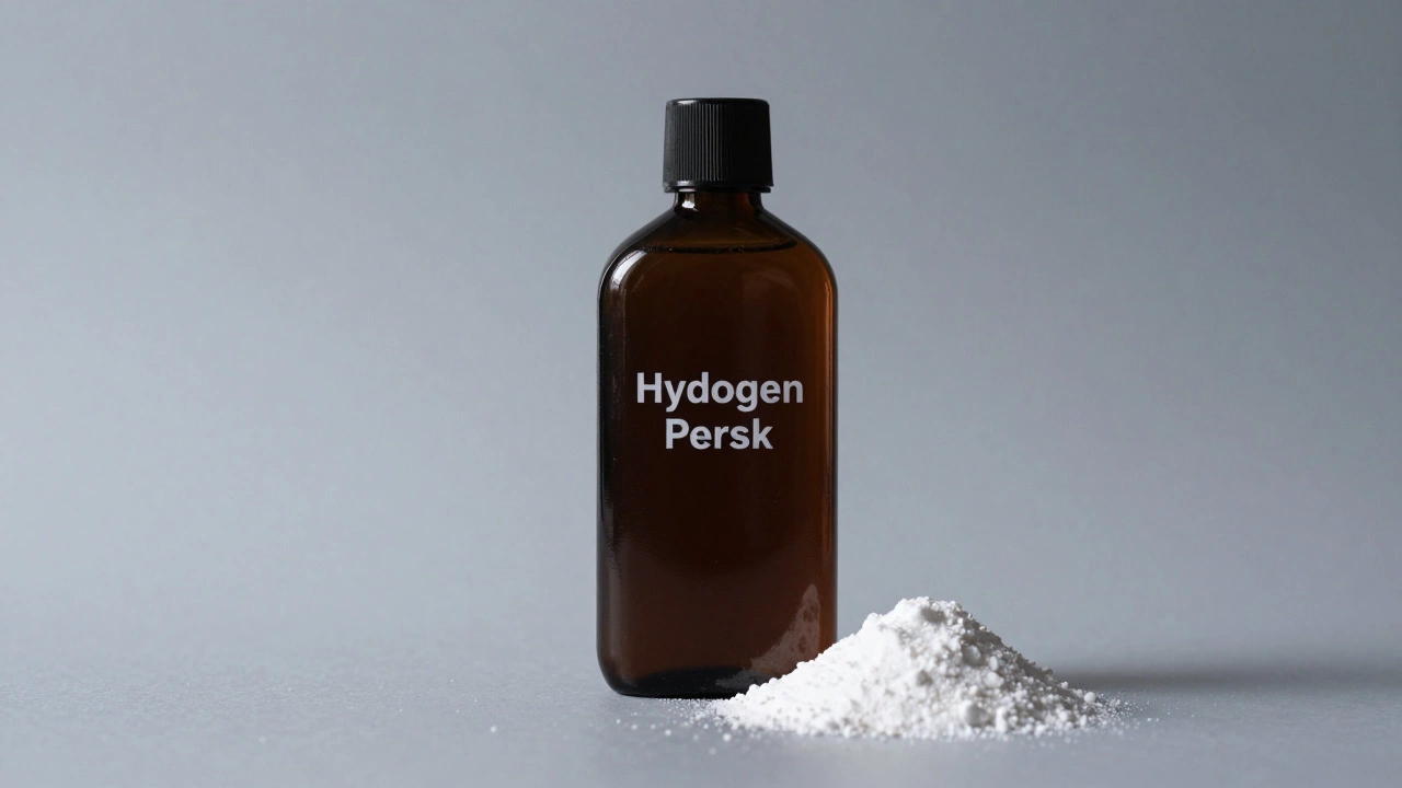 Dark brown hydrogen peroxide bottle and baking soda on a neutral studio background.