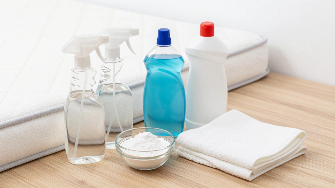 Household cleaning supplies like baking soda and peroxide on a table