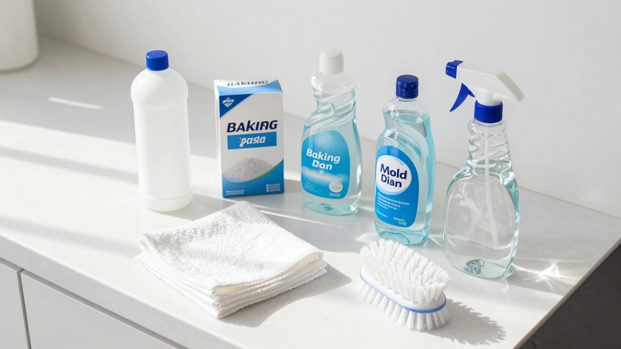 Neat arrangement of vinegar, baking soda, and cloths for cleaning
