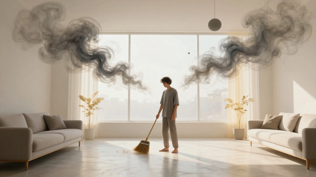 Person sweeping away grey smoke representing mental clutter in a sunlit room