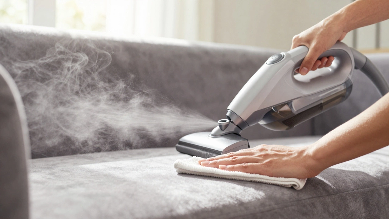 Person using handheld steamer to safely clean sofa