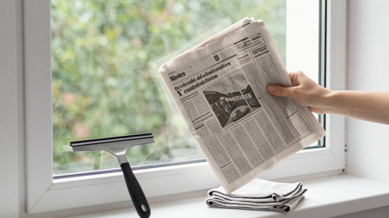 Polishing glass with newspaper and squeegee