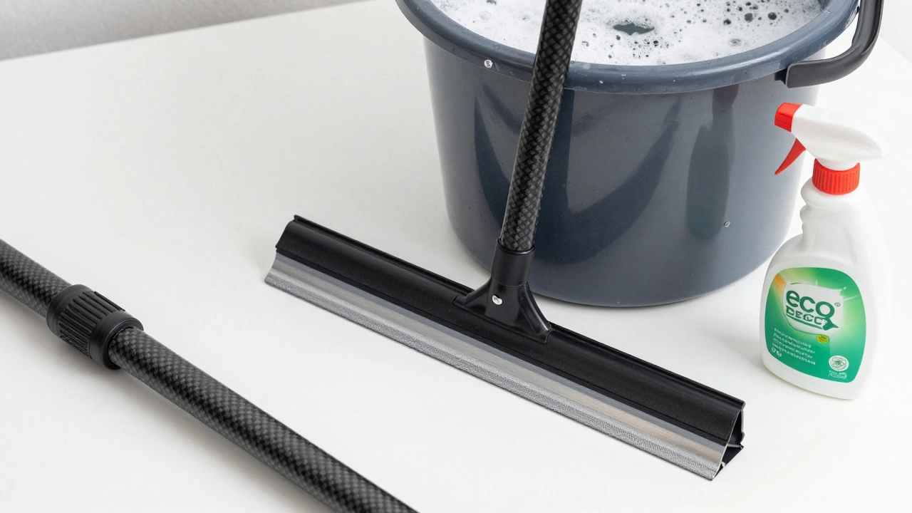 Professional window cleaning tools and supplies close-up