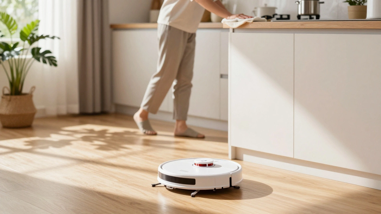 Robot vacuum and tidy kitchen illustrating micro-cleaning habits
