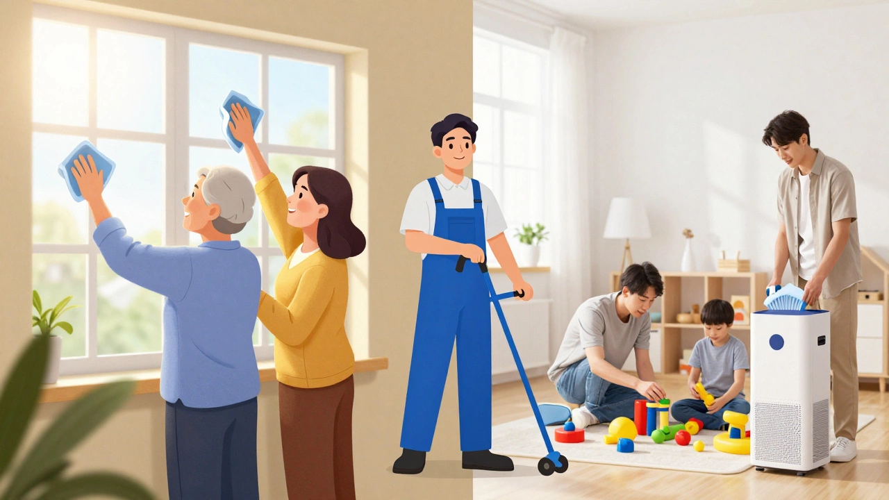 Split scene of elderly couple, parents, and pro cleaner