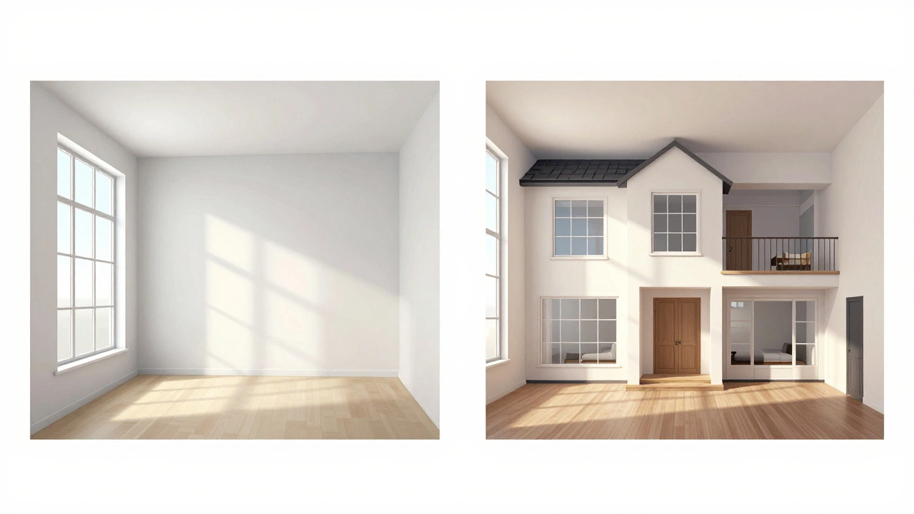 Split view contrasting a small studio flat with a large four-bedroom house