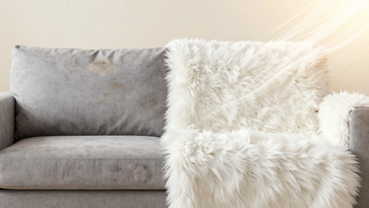 Split view showing stained versus freshly cleaned sofa fabric