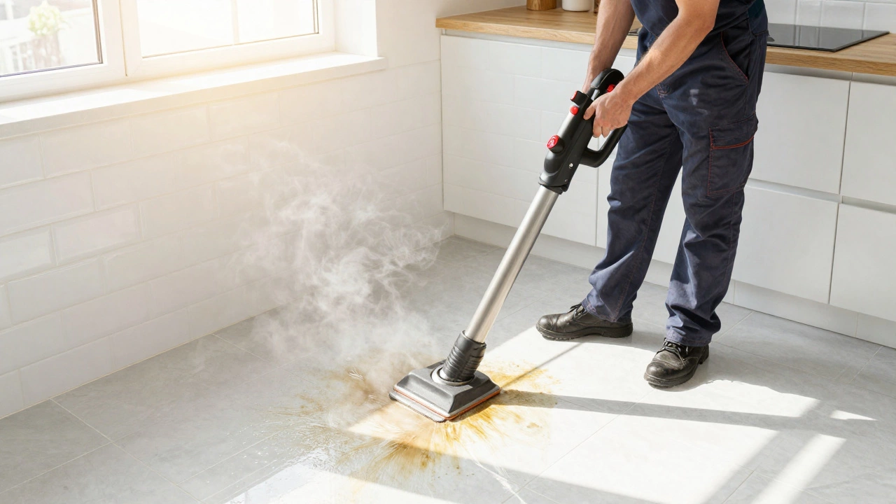 Technician using industrial steam cleaner on white kitchen tiles