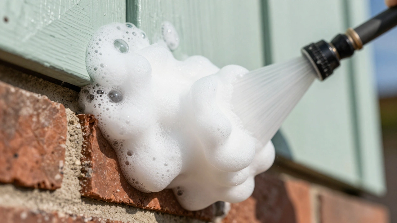 Thick cleaning foam dwelling on brick and wood siding for effective stain removal.