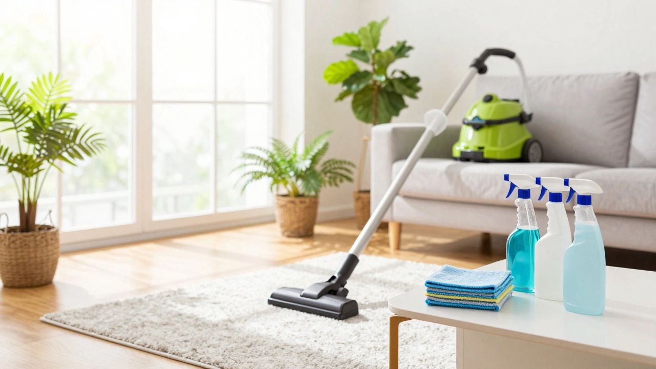 Tidy living room with professional cleaning tools arranged on a table