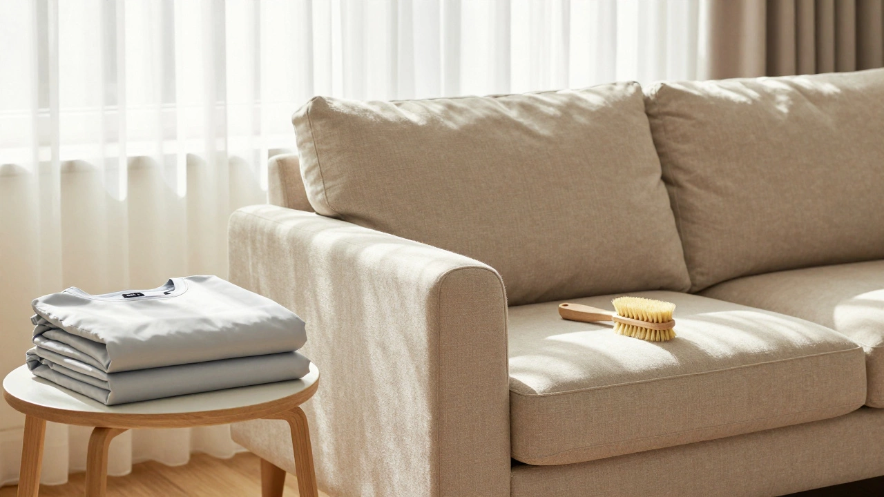 Well-maintained sofa in sunlight with slipcovers and upholstery brush