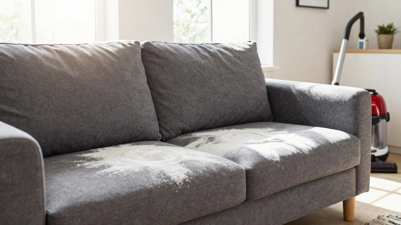 Baking soda sprinkled on grey sofa cushions for deodorizing