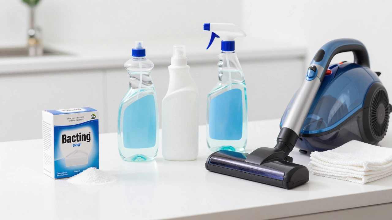 Cleaning supplies including baking soda and vinegar on counter