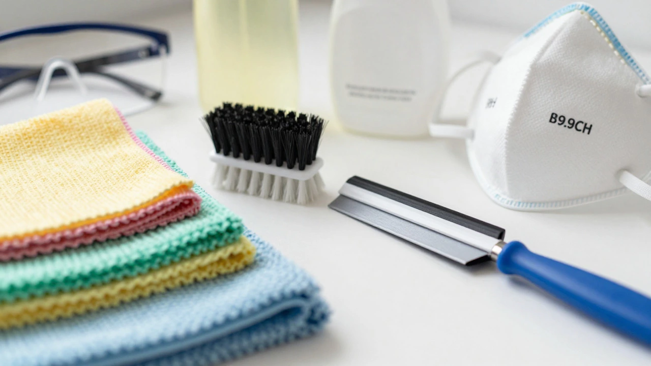Cleaning supplies including microfiber cloths, brushes, and safety gear