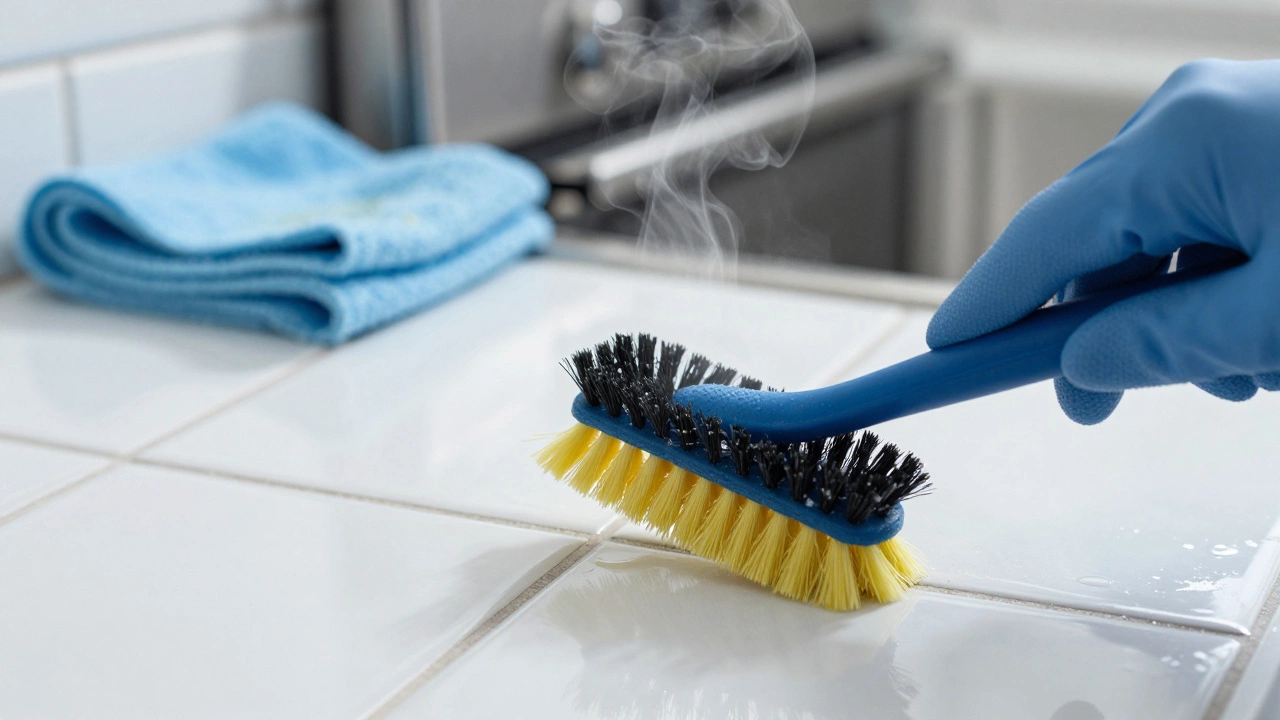 Close-up of hands scrubbing tile grout and cleaning an oven, illustrating intensive deep cleaning