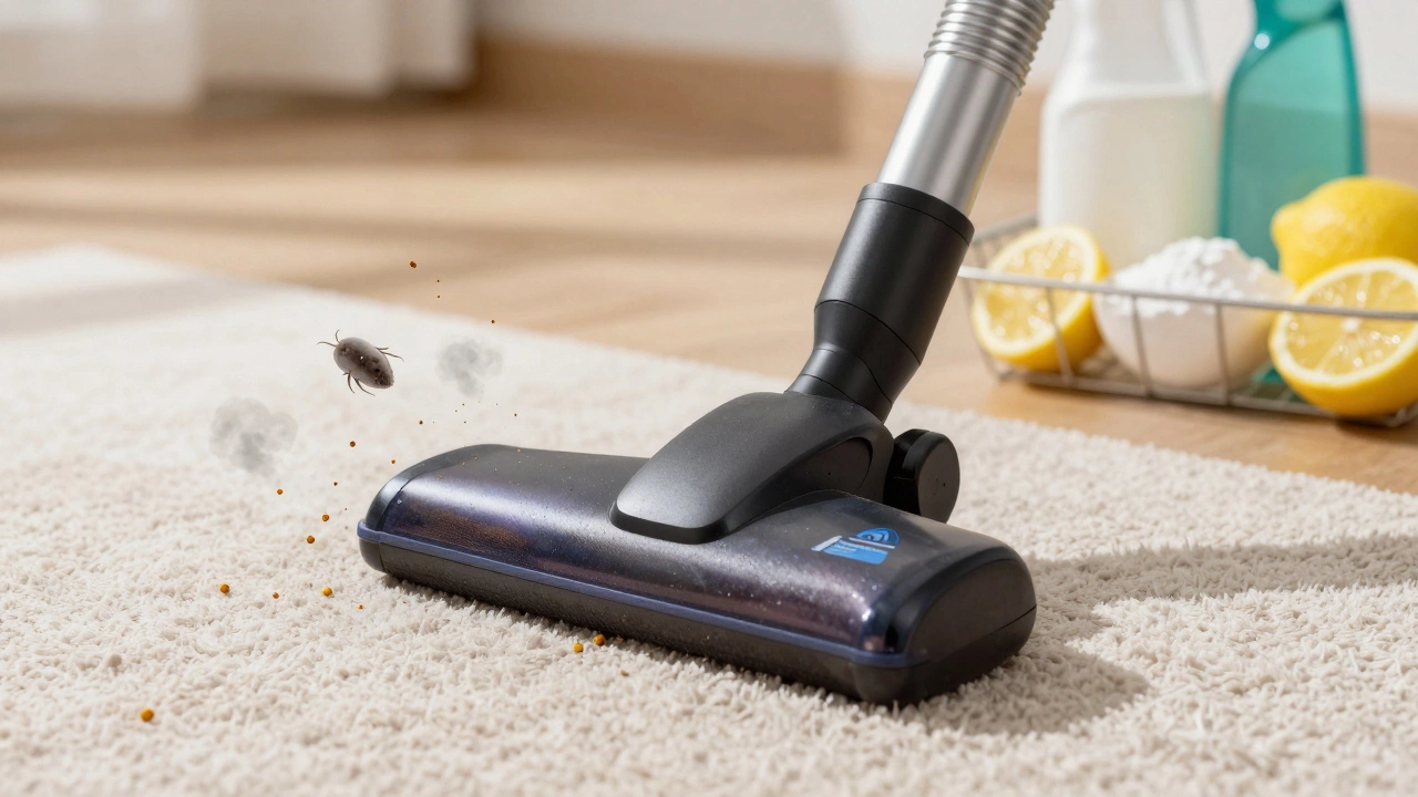 Close-up of vacuum removing allergens, with natural cleaning supplies nearby.