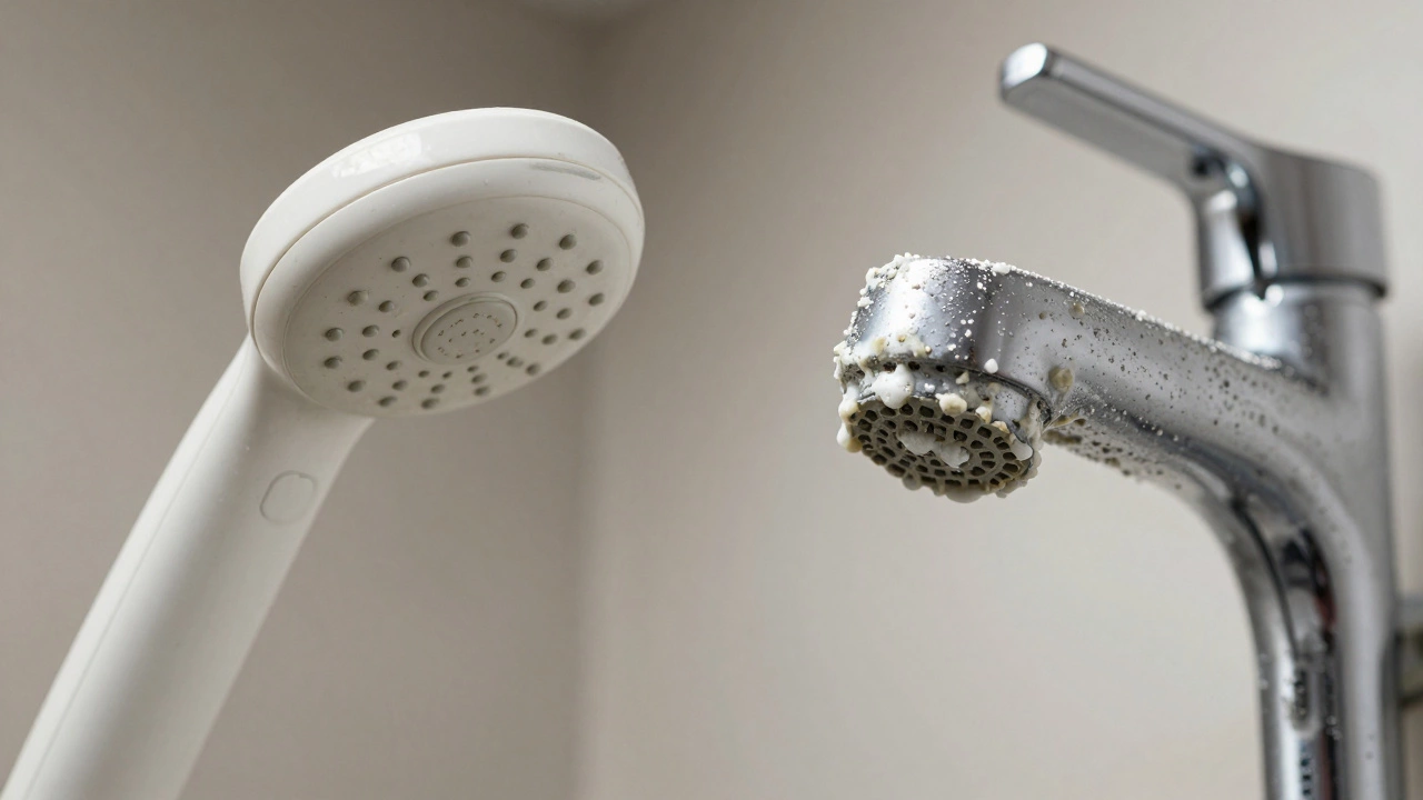 Comparison of slight water spots versus thick limescale crust on taps