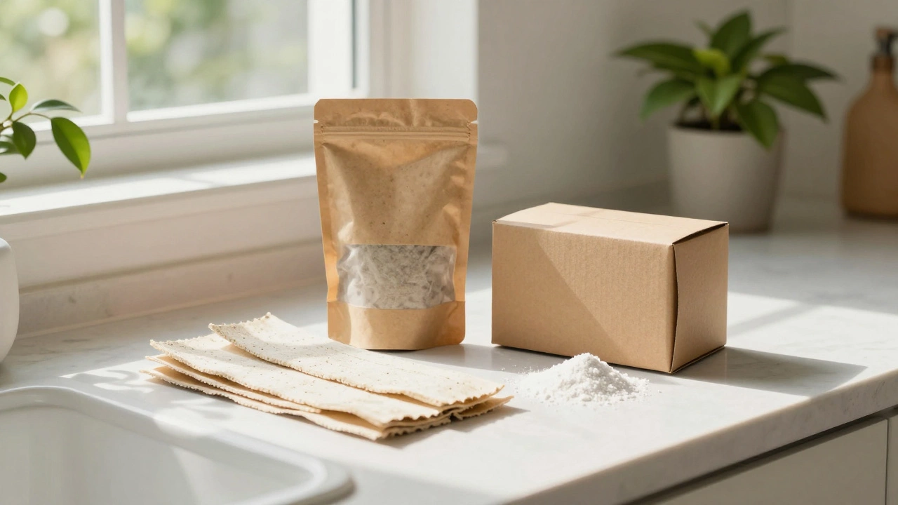 Eco-friendly laundry strips and powder detergent on a sunny kitchen counter.