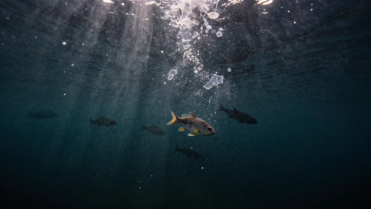 Fish swimming among microplastic particles in murky ocean water.