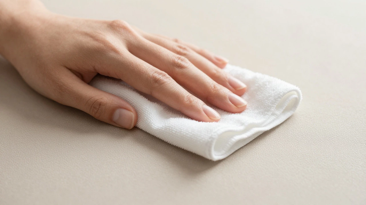 Hand gently blotting upholstery with damp white cloth