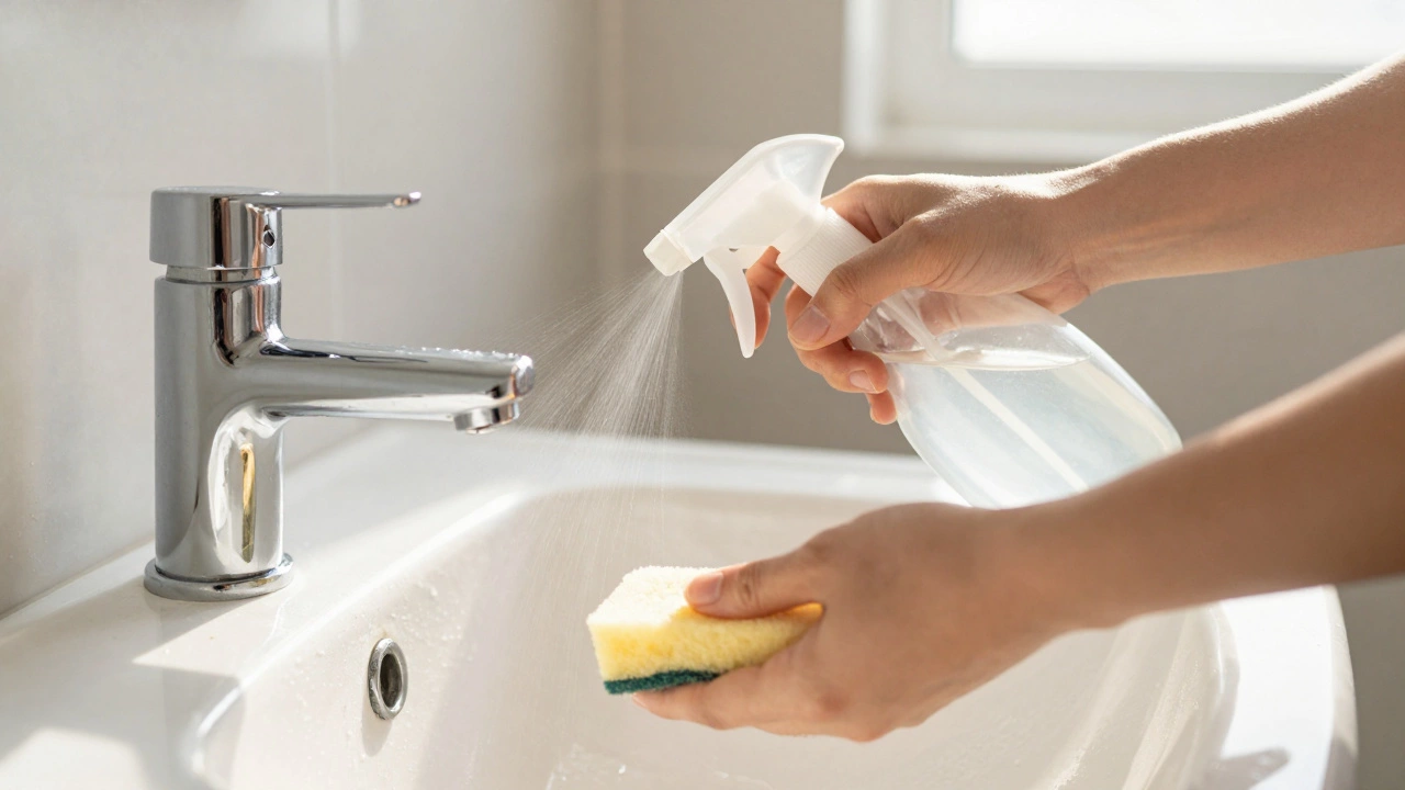 Hands cleaning a chrome faucet with vinegar solution and sponge