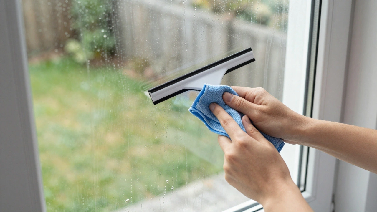 Hands using a squeegee to clean a window on a cloudy day for streaks results