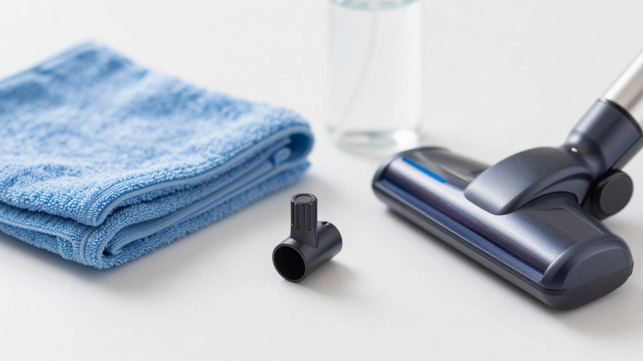 Neatly arranged cleaning supplies including microfiber cloth and vacuum